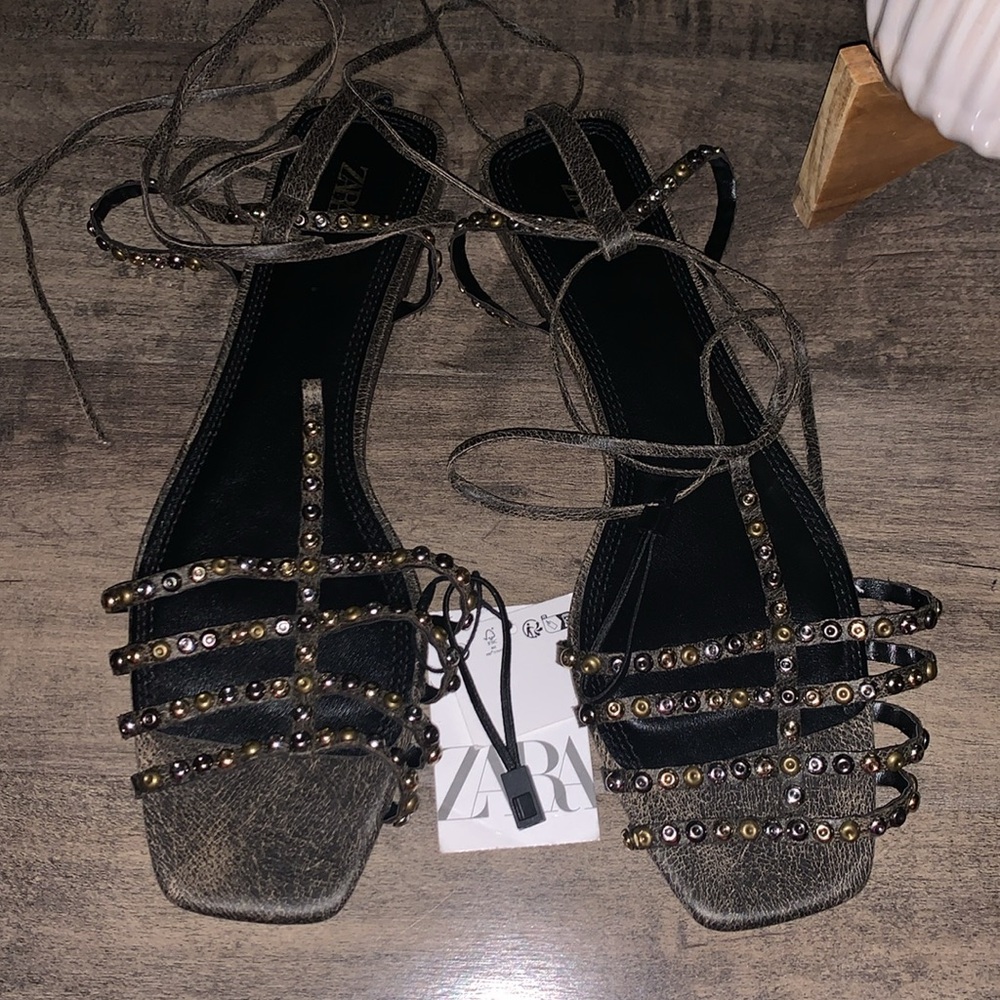 NWT ZARA LEATHER SQUARE TOE LACE UP SANDALS - Picture 8 of 11